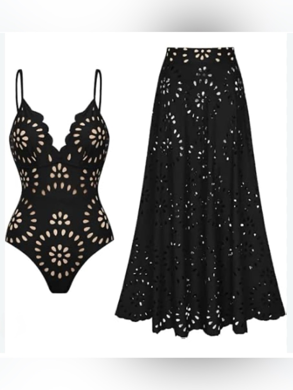 Black Laser-Cut One-Piece Swimsuit with Matching Maxi Cover Skirt